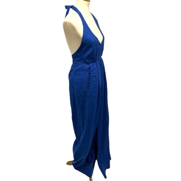 Farm Rio Blue Linen Halter Back Wide Leg Pleated Jumpsuit Women’s XS - Picture 10 of 16